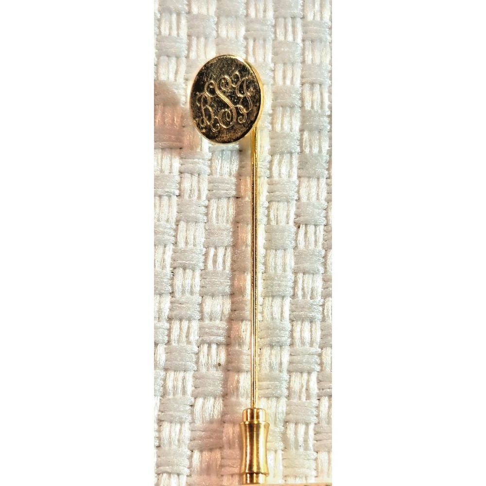 Vintage Gold Tone Engraved Scroll Round Stick Pin 2.25" Lapel Tie Pin